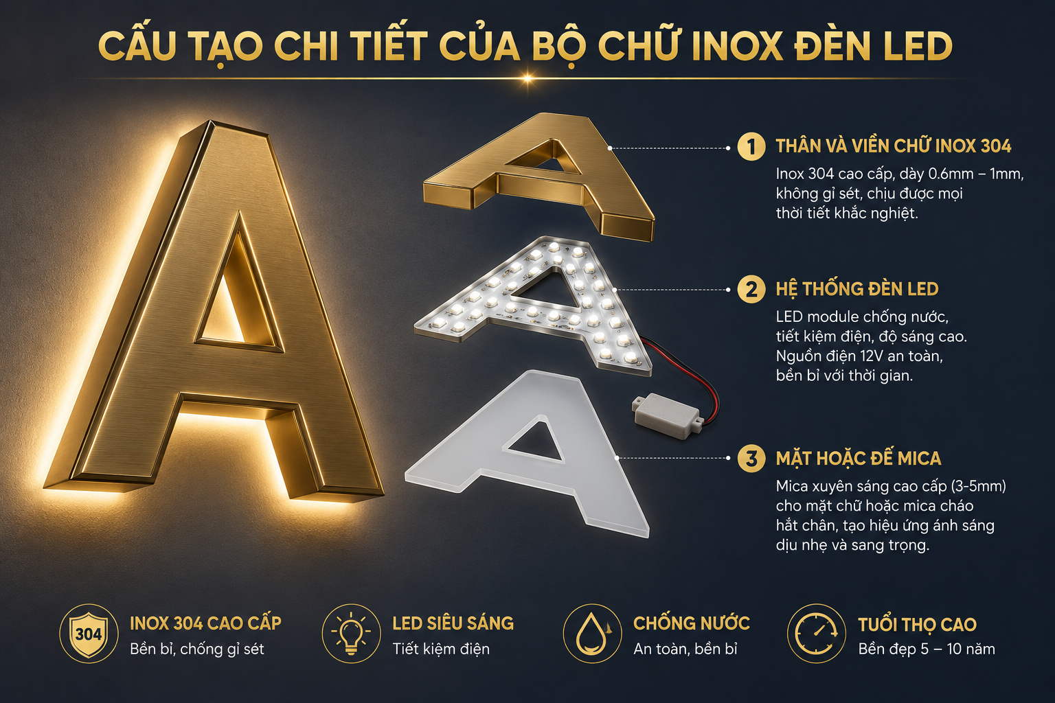 Cấu tạo chữ inox đèn led
